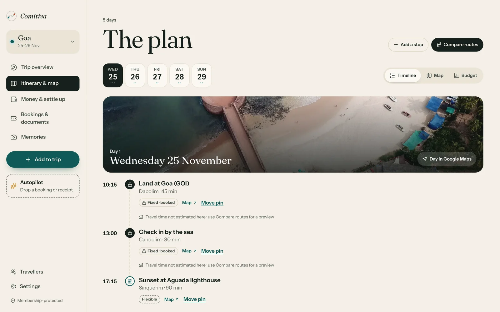 Comitiva on a laptop: the plan view for an example Goa trip